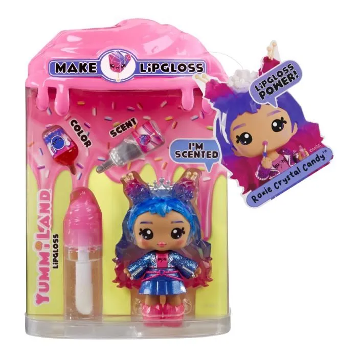 Yummiland Poupée et Kit de Gloss à Fabriquer Roxie - Bonbon Cristal - Crée un Gloss Parfumé et Pailleté qui Change de Couleur - Inclut 7 Yummis à Collectionner - À partir de 4 Ans