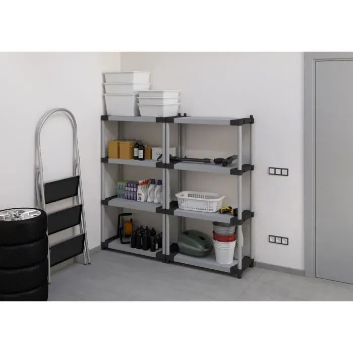 TOOD - Étagère de rangement en plastique renforcé 4 tablettes - Charge max 80 kg par tablette - Dimensions 80 x 40 x 168 cm - Noir et gris