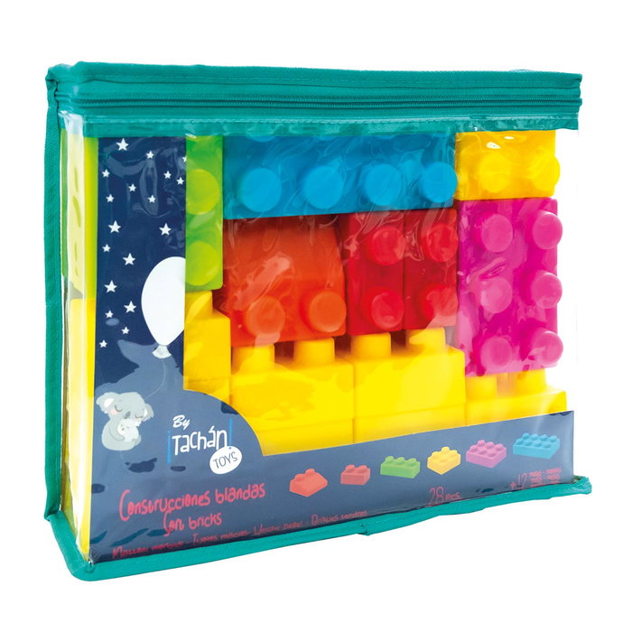 TACHAN Jeu de Construction 28 Briques Souples en Plastique avec Sac de Rangement - À partir de 2 ans