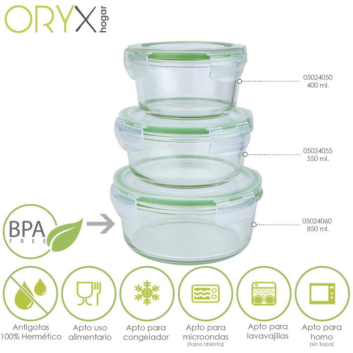 ORYX Recipiente Hermético de Cristal Redondo 850 ml ORYX Recipiente Hermético de Cristal Redondo 850 ml