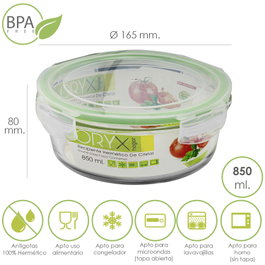 ORYX Recipiente Hermético de Cristal Redondo 850 ml