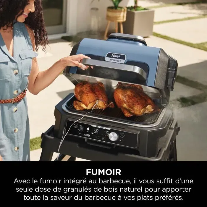 Ninja Barbecue électrique et fumoir Woodfire Pro Connect XL OG901EU - Contrôle par smartphone, 7 programmes de cuisson et thermosonde intégrée