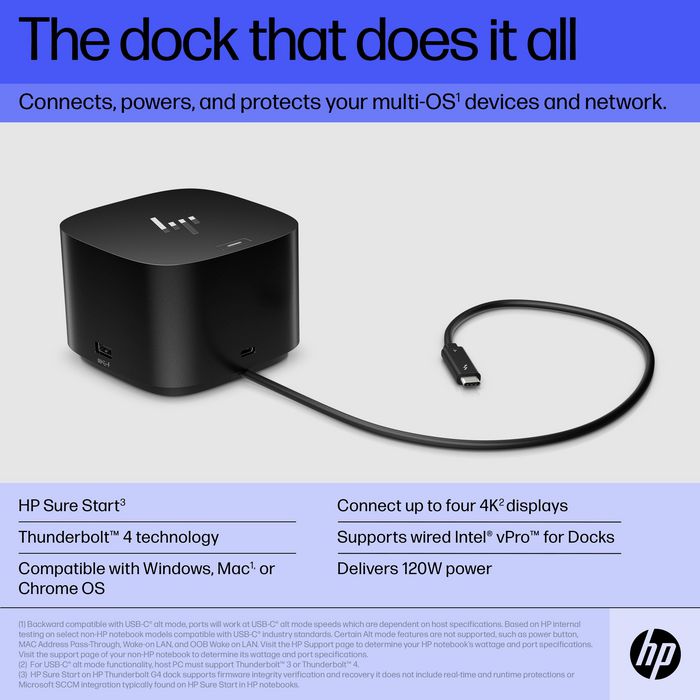 HP Station d'accueil Thunderbolt 4 120 W G4 - Pour PC et Mac - 4 écrans 4K, ports multiples (USB-C, HDMI, DisplayPort, USB-A, RJ45), technologie Intel vPro