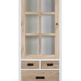 GINER Y COLOMER Buffet en bois massif de mindi avec porte vitrée et 3 tiroirs - Meuble de rangement blanc et naturel pour salon ou salle à manger