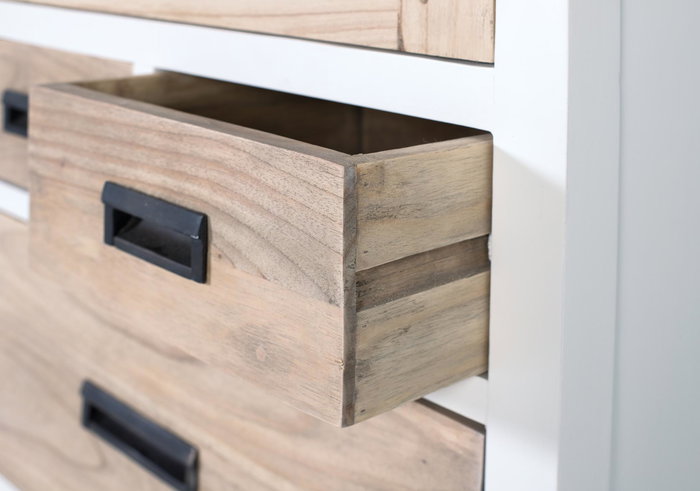 GINER Y COLOMER Buffet en bois massif de mindi avec porte vitrée et 3 tiroirs - Meuble de rangement blanc et naturel pour salon ou salle à manger