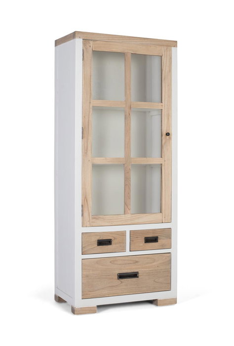 GINER Y COLOMER Buffet en bois massif de mindi avec porte vitrée et 3 tiroirs - Meuble de rangement blanc et naturel pour salon ou salle à manger