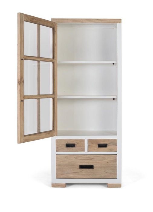 GINER Y COLOMER Buffet en bois massif de mindi avec porte vitrée et 3 tiroirs - Meuble de rangement blanc et naturel pour salon ou salle à manger