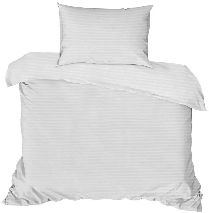 Parure de lit 1 place en satin de coton imprimé rayures blanc - 1 housse de couette 140 x 200 cm + 2 taies d'oreiller 60 x 60 cm
