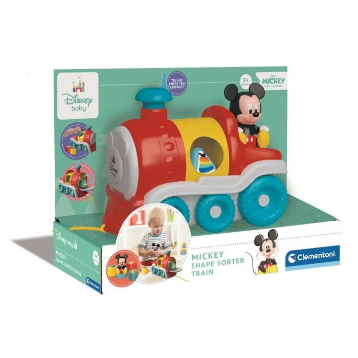 Clementoni - Le Train des Formes de Mickey, Trieur de Formes à Tirez avec Cheminée et Porte qui S'Ouvre, Jouet Éducatif pour Enfant