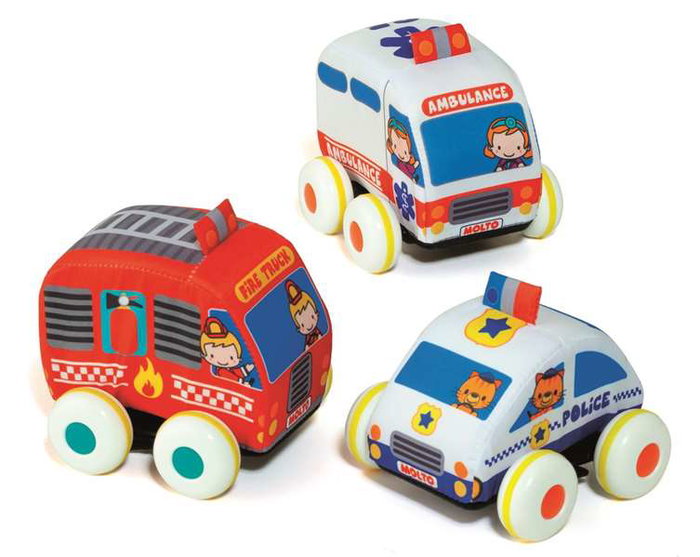 Molto - Set de 3 Voitures à friction - Jouet pour enfant à partir de 1 an - Jeu de voitures en tissu, sans piles, sans montage, boîte et instructions en espagnol et anglais