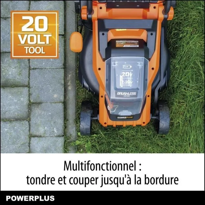 Dual Power Tondeuse à Gazon sans Fil 20V POWDPGLWS1 - Largeur de Coupe 34 cm, Moteur Brushless, Batterie 4Ah et Chargeur Inclus, 5 Hauteurs Réglables, Sac 30 L