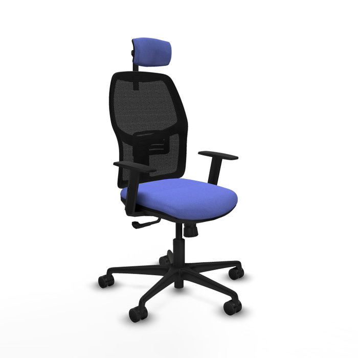 Chaise Alfera Synchro 4 positions tissu Bleu clair Maille Noir Base en nylon noir Accoudoir 1D Appui-tête 2D Roulettes 65mm nylon Chaise Alfera Synchro 4 positions tissu Bleu clair Maille Noir Base en nylon noir Accoudoir 1D Appui-tête 2D Roulettes 65mm nylon