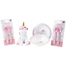 Fun House Lot Vaisselle Licorne pour Enfant avec Peluche - 006319 - 2 Assiettes Creuses et 2 Sets de Couverts