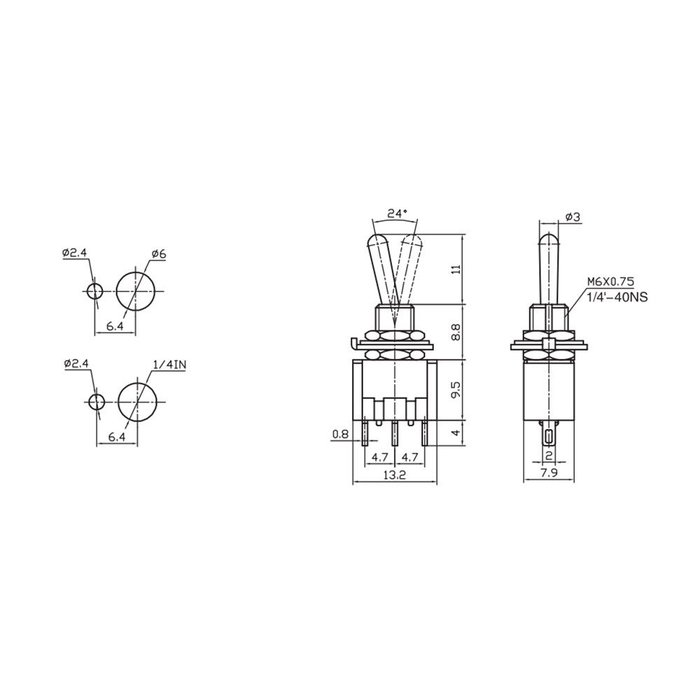 Edm Commutateur unipolaire on/on 6,5A 250V Métal