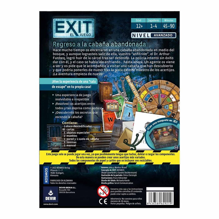 Devir Jeu de Société Exit Regreso a la Cabaña Abandonada - Jeu d'Évasion Coopératif, 1-4 Joueurs, 12 Ans et +, Version Espagnole