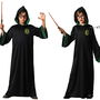 Tunique de Déguisement Enfant Magicien Noir et Vert avec Capuche pour Halloween - Costume Étudiant en Magie 7-9 Ans