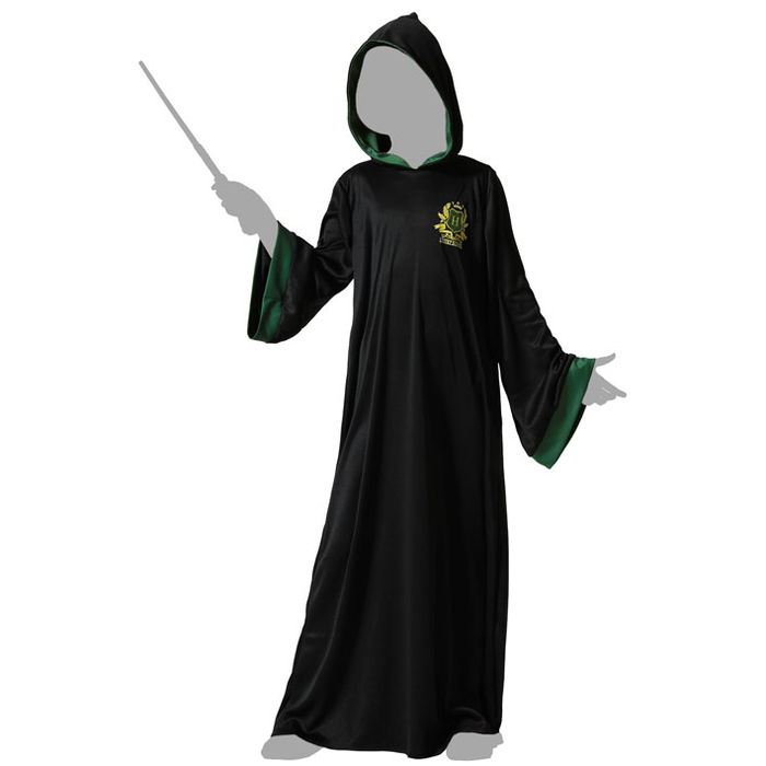 Tunique de Déguisement Enfant Magicien Noir et Vert avec Capuche pour Halloween - Costume Étudiant en Magie 7-9 Ans