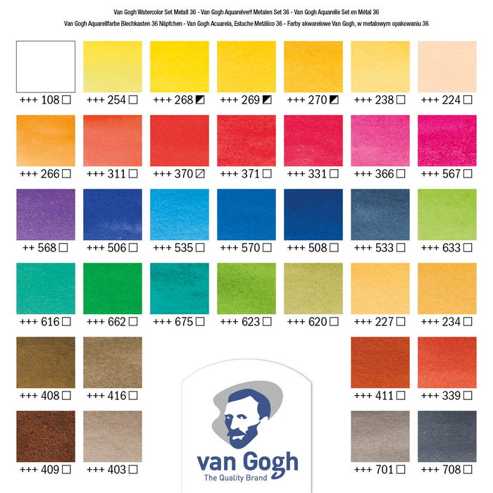 Van Gogh Étui métallique d'aquarelles 36 couleurs en demi-pastilles + 1 pinceau Van Gogh Étui métallique d'aquarelles 36 couleurs en demi-pastilles + 1 pinceau