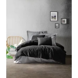 Parure de lit 100% coton renforcé, housse de couette 220 x 240 cm et 2 taies d'oreiller 60 x 60 cm, Noir et Gris, Lavable machine 40°C, 145 fils