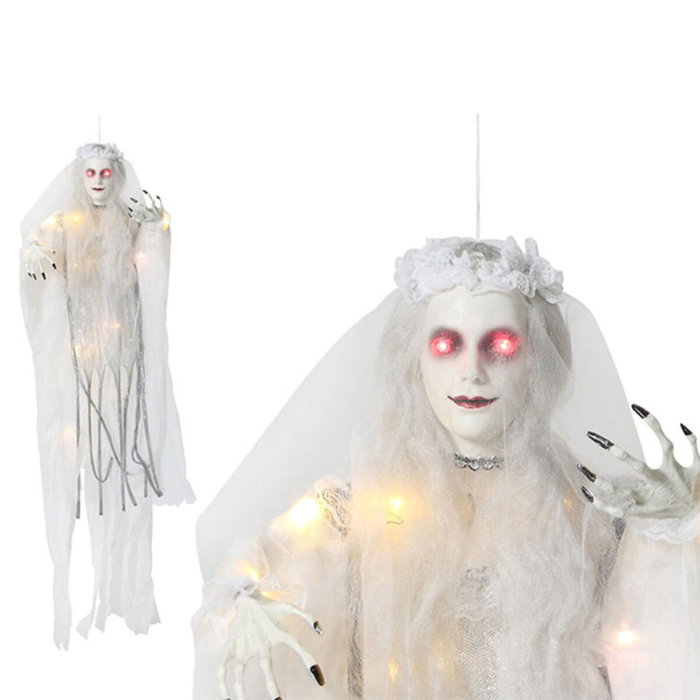 BigBuy Carnival Mariée cadavre suspendue 120 cm avec lumière et robe déchirée