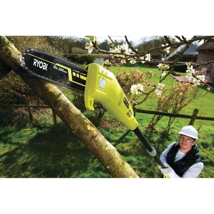 Ryobi RPP750S Élagueur sur perche électrique 750 W, guide chaîne 20 cm incliné à 15°, tube d'extension 90 cm, tube télescopique réglable 1.1-1.8 m