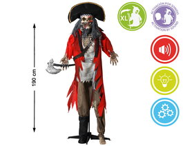 Figura Pirata Esqueleto 190 cm avec Hache, Son et Lumière, Figurine Squelette Pirate avec Effets Sonores et Lumineux et Mouvement pour Décoration d'Halloween ou Fêtes Thématiques