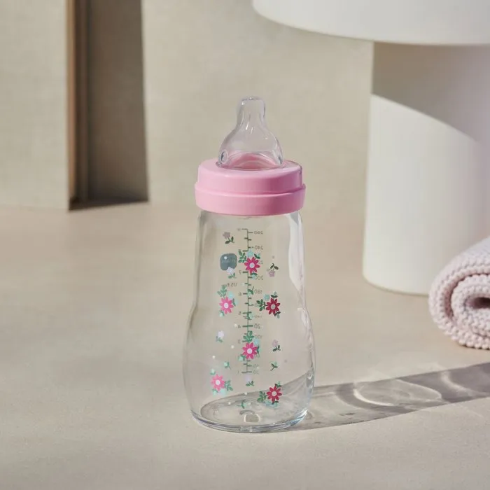MAM Biberon en verre avec tétine SkinSoft Décroissance Débit 2 Moyen - Rose - Résistant à la chaleur et design ergonomique