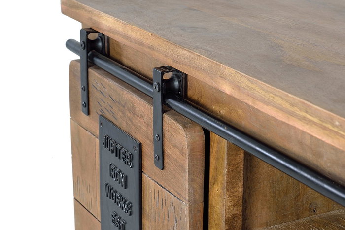 Giner y Colomer Mueble TV en acacia avec détails en métal naturel, buffet console avec portes coulissantes - finition noyer foncé