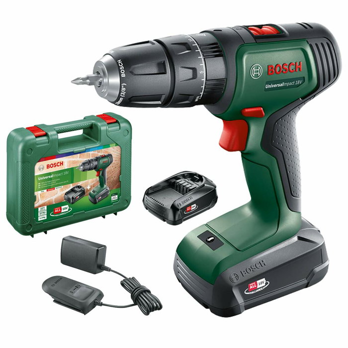 Bosch UniversalImpact 18 Perceuse à percussion sans-fil (2 batteries 1,5Ah + chargeur + coffret)