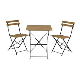 Outdoor Living By Decoris Leeds Ensemble de table et 2 chaises pliantes, acier noir et bois synthétique marron, dimensions incluses