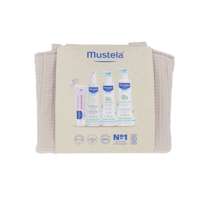 Mustela Set de 5 Pcs Bébé : Gel Bain 500ml, Lait Corps 300ml, Baume Crème 50ml, Eau Coiffante 200ml et Sac Trolley