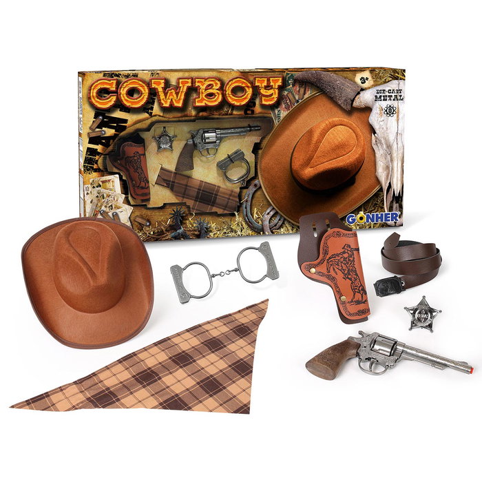 Gonher - Set Vaquero avec Revolver 8 Coups, Sombrero, Cartouchière, Ceinture, Menottes, Étoile de Sheriff et Foulard Gonher - Set Vaquero avec Revolver 8 Coups, Sombrero, Cartouchière, Ceinture, Menottes, Étoile de Sheriff et Foulard