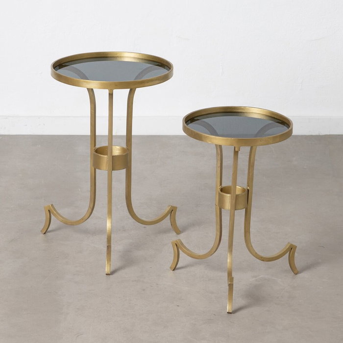 BigBuy Home Jeu de 2 tables Doré Fumé Rond