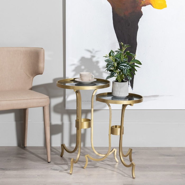 BigBuy Home Jeu de 2 tables Doré Fumé Rond