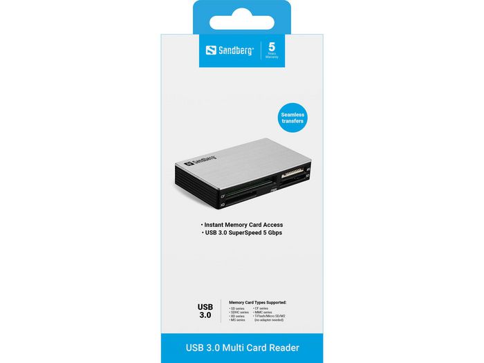 Sandberg Lecteur de Cartes Multi USB 3.0 pour Transfert Rapide de Photos et Vidéos - Plug and Play