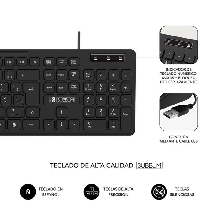 Subblim Clavier USB Filaire Silencieux Business Slim - QWERTY Espagnol - 104 Touches - 0Ssk50