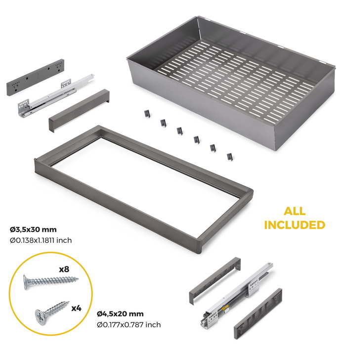 Emuca Kit panier métallique et rack ajustable Quartz pour armoires, glissières extension totale et à fermeture douce, Module 90cm, Finition Titane