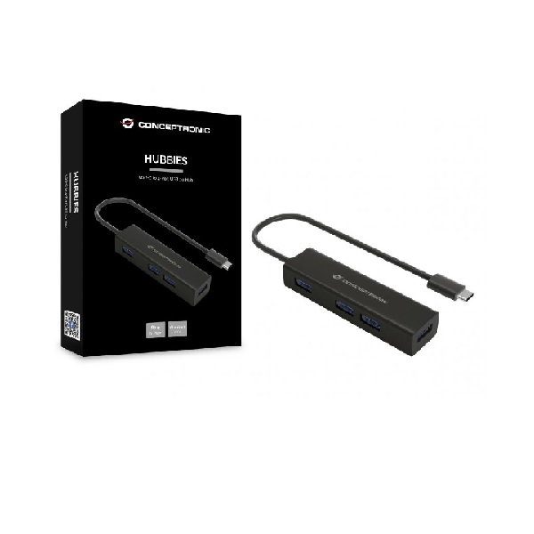 Conceptronic HUBBIES07B Hub USB-C 4 ports USB 3.0 Aluminium Noir