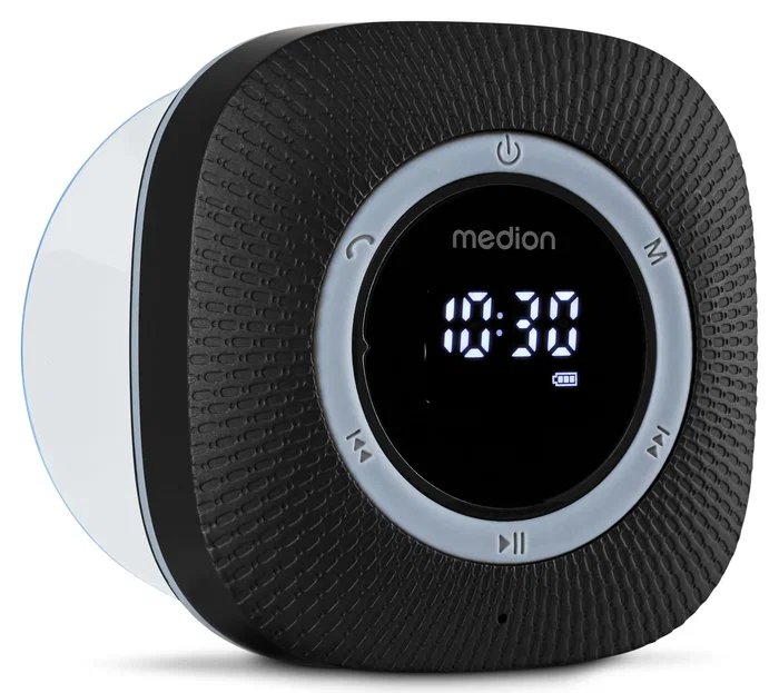 Medion Radio de Douche FM Bluetooth IPX6 Noir - Mains Libres Alarme Autonomie 12h Ventouse