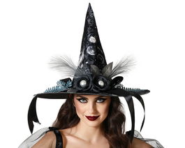 Sombrero de sorcière noir pour femme adulte avec plumes, fleurs et perles - Chapeau élégant pour fête, Halloween ou spectacle
