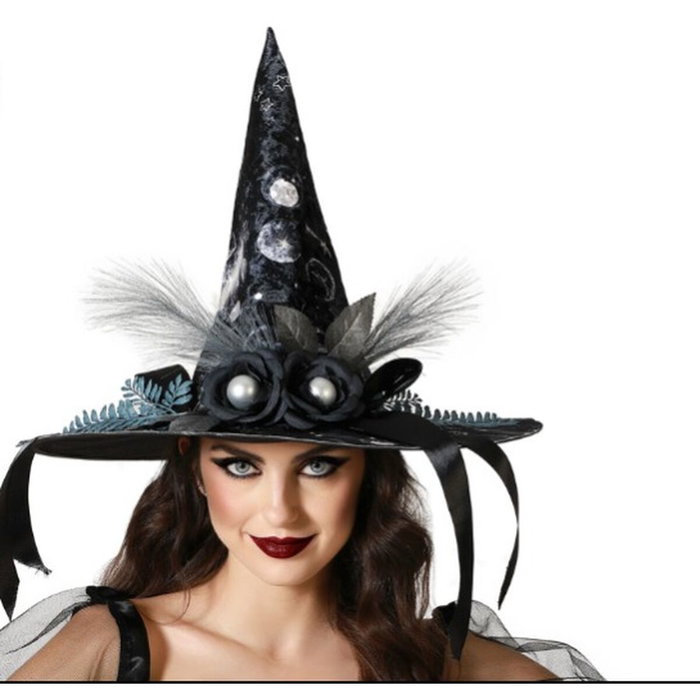 BigBuy Carnival Chapeau Noir Sorcière Adultes avec Plumes, Fleurs et Perles