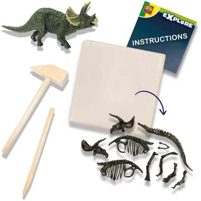 SES Creative - Kit de Fouille Archéologique 2 en 1 Squelette de Tricératops pour Enfants à Partir de 5 Ans - Jeu Éducatif
