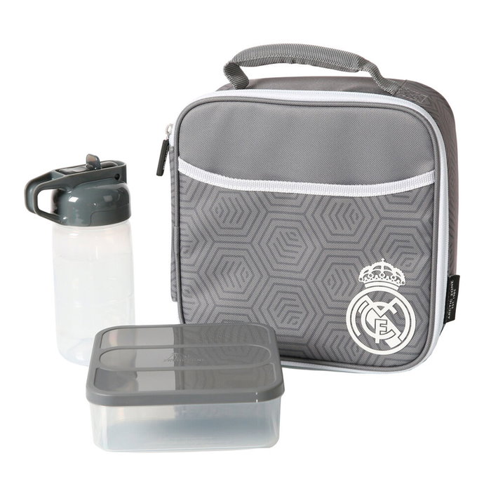 SAFTA - Sac isotherme porte-repas avec boîte Tupper et gourde - Motif Real Madrid - Isolation haute densité, revêtement PEVA, étanche - Dimensions 21 x 9.5 x 21.6 cm