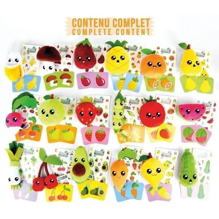 JEMINI Surprise Market - Lot de 18 Pochettes Surprises Éducatives avec Peluches Fruits/Légumes (10 cm), Stickers et Cartes Mémo pour Enfants