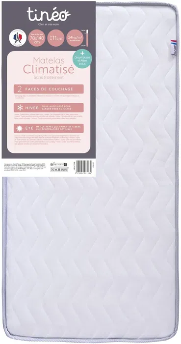 Tineo - Matelas bébé climatisé 2 faces (hiver/été) 70 x 140 cm - Mousse polyuréthane - Inclus drap-housse et alèse - Fabriqué en France