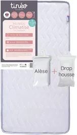 Tineo - Matelas bébé climatisé 2 faces (hiver/été) 70 x 140 cm - Mousse polyuréthane - Inclus drap-housse et alèse - Fabriqué en France