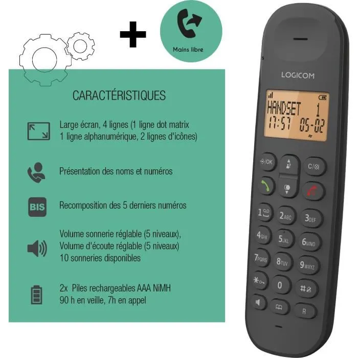Logicom ILOA 150 SOLO - Téléphone fixe sans fil DECT, Noir, sans répondeur