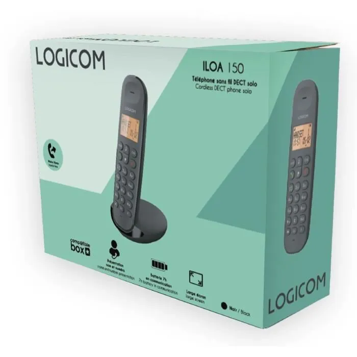 Logicom ILOA 150 SOLO - Téléphone fixe sans fil DECT, Noir, sans répondeur