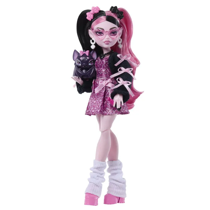 Monster High JHK29 - Poupée Draculaura et son animal prête pour l'école avec 7 accessoires, robe rose et veste noire