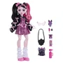 Monster High JHK29 - Poupée Draculaura et son animal prête pour l'école avec 7 accessoires, robe rose et veste noire